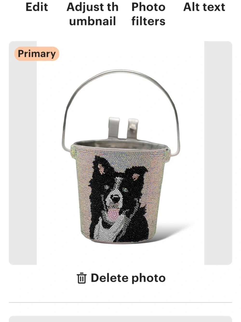 Bejeweled Crate Bucket – Iridescent with Black Border Collie Design
